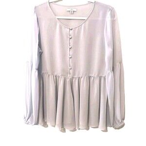 Halston Light Blue Sheer Blouson Sleeve Peplum Blouse Sz M